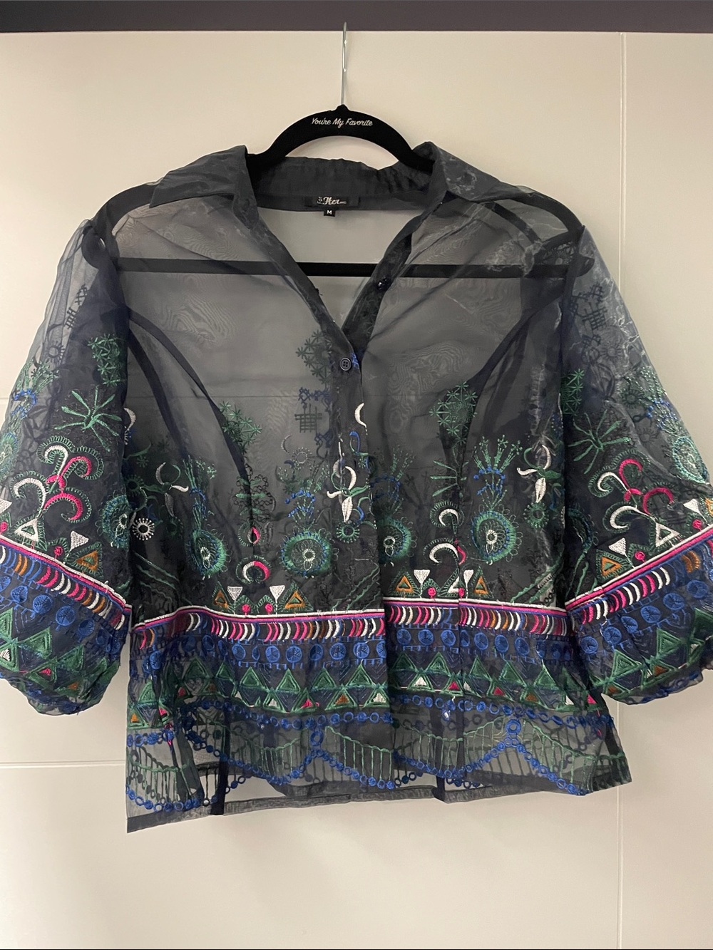 Embroidered Sheer Button-Front Top - Bluish with Multicolor Accents